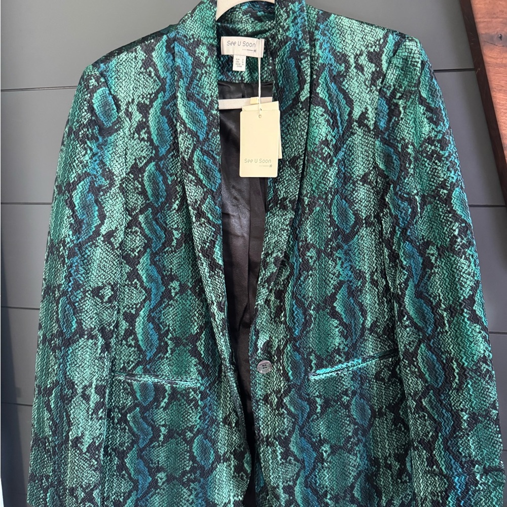 Anthropology See U Soon Teal Snake Print Blazer